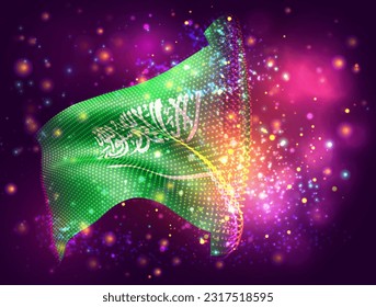 Saudi Arabia, vector 3d flag on pink purple background with lighting and flares