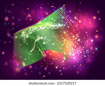 Saudi Arabia, vector 3d flag on pink purple background with lighting and flares