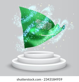 Saudi Arabia, vector 3d flag on the podium surrounded by a whirlwind of magical radiance