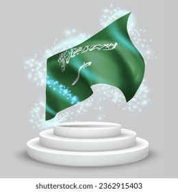 Saudi Arabia, vector 3d flag on the podium surrounded by a whirlwind of magical radiance