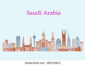 Ilustración vectorial de Arabia Saudita Art Vector con todas las torres famosas. Banner lineal con espacio de presentación