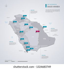 Saudi Arabia vector map with infographic elements, pointer marks. Editable template with regions, cities and capital Riyadh. 