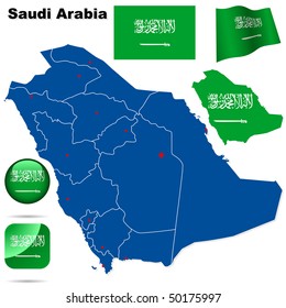 Saudi Arabia vector set. Detailed country shape with region borders, flags and icons isolated on white background.