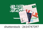 Saudi Arabia visa, open stamped passport with visa approved document for border crossing. Immigration visa concept. Background with Saudi Arabia flag. vector illustration