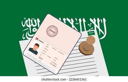 Saudi Arabia visa, open stamped passport with visa approved document for border crossing. Immigration visa concept. Background with Saudi Arabia flag. vector illustration