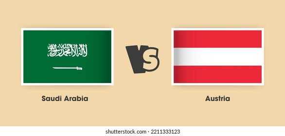 Banderas de Arabia Saudita contra Austria colocadas una al lado de la otra. Banderas nacionales creativas y elegantes de Arabia Saudita vs Austria con antecedentes