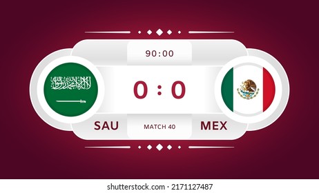 Saudi-Arabien Vs Mexico 2022 Match Design Elements. Infografiken zur Fußball-Meisterschaft. Ankündigung, Gamescore, Scoreboard-Vorlage. Vektorgrafik