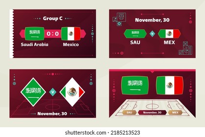 Saudi Arabia vs Mexico, Football 2022, Group C. World Football Competition championship match versus teams intro sport background, championship competition final poster, vector illustration.