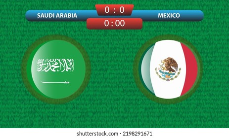 Saudi-Arabien gegen Mexiko-Scoreboard-Vorlage für Fußballturnier 2022 in Katar. Gruppe A Match. Vektorgrafik. Sportvorlage.