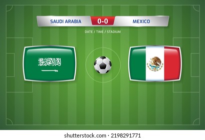 Saudi Arabia vs Mexico scoreboard broadcast template for sport soccer tournament and football championship 2022 in qatar vector illustration