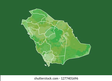 Saudi Arabia watercolor map vector illustration of green color with border lines of different regions on dark background using paint brush in page