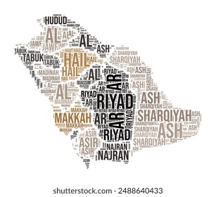 Saudi Arabia Word Cloud. Country shape with region division. Saudi Arabia typography style image. Region names tag clouds. Vector illustration.