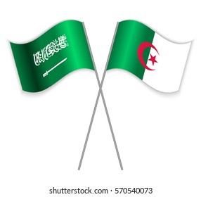 Saudi Arabian and Algerian crossed flags. Saudi Arabia combined with Algeria isolated on white. Language learning, international business or travel concept.