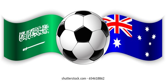 Saudi Arabian and Australian wavy flags with football ball. Saudi Arabia combined with Australia isolated on white. Football match or international sport competition concept.
