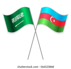 Saudi Arabian and Azeri crossed flags. Saudi Arabia combined with Azerbaijan isolated on white. Language learning, international business or travel concept.