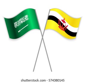 Saudi Arabian and Bruneian crossed flags. Saudi Arabia combined with Brunei isolated on white. Language learning, international business or travel concept.