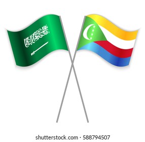 Saudi Arabian and Comoran crossed flags. Saudi Arabia combined with Comoros isolated on white. Language learning, international business or travel concept.