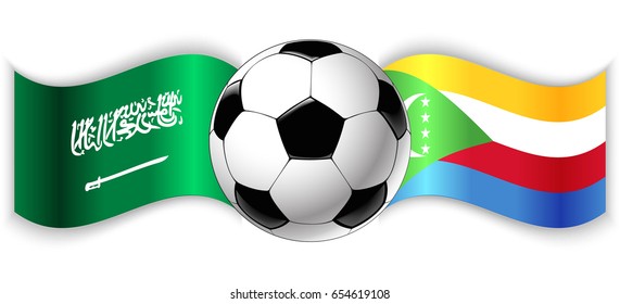 Saudi Arabian and Comoran wavy flags with football ball. Saudi Arabia combined with Comoros isolated on white. Football match or international sport competition concept.