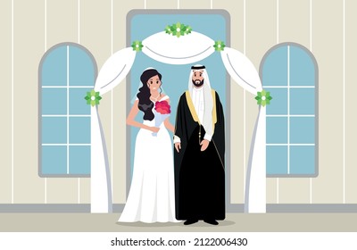 Saudi Arabian Couple Man And Woman Brides With Black Clothes. Wedding Dress Premium Vector.