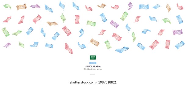 Saudi Arabian Falling Riyal Vector Illustration, Saudi Arabia money rain set bundle banknotes