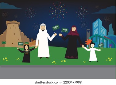 Saudi Arabian Family Holding Flag For National Day Or Alyum Watani Amidst Historic And New Landmarks. Editable Clip Art.