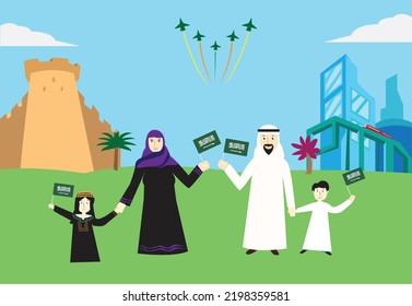 Saudi Arabian family past and present celebrates the Saudi National Day or Alyum Watani. Editable Clip Art.