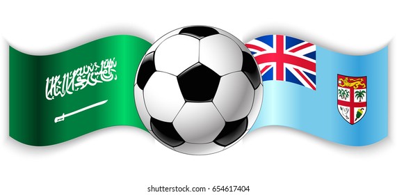 Saudi Arabian and Fijian wavy flags with football ball. Saudi Arabia combined with Fiji isolated on white. Football match or international sport competition concept.