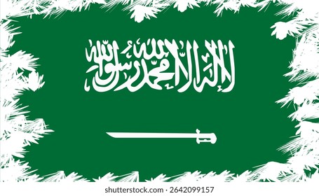 Saudi Arabian flag with modern splash effect and textured grunge frame. EPS vector ideal for political, educational, or religious content.