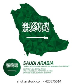 Saudi Arabian flag overlay on Saudi Arabian map with polygonal style.(EPS10 art vector)