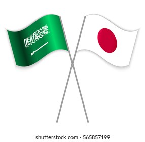 Saudi Arabian and Japanese crossed flags. Saudi Arabia combined with Japan isolated on white. Language learning, international business or travel concept.
