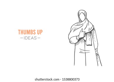 Saudi Arabian man in kandora giving thumbs up gesture. Business best performance, success hand drawn concept vector illustration. Sketch isolated design. Suitable for business presentation template