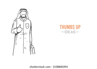 Saudi Arabian man in traditional thobe giving thumb up gesture. Business best performance, success sketch concept vector illustration. Hand drawn isolated design. Suitable for business poster template