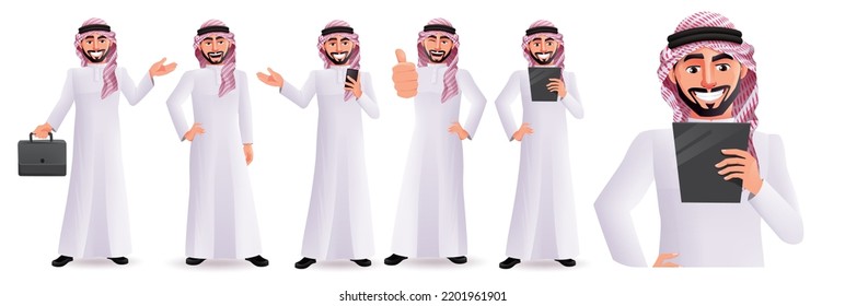 Saudi arabian man vector character set design. Arab male characters with standing, holding and thumbs up pose and gestures for business characters collection. Vector illustration.
