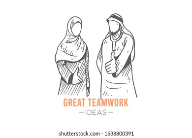 Saudi Arabian man and woman in hijab giving thumbs up gesture. Business best performance, success sketch concept vector illustration. Hand drawn isolated design. Suitable for business poster template