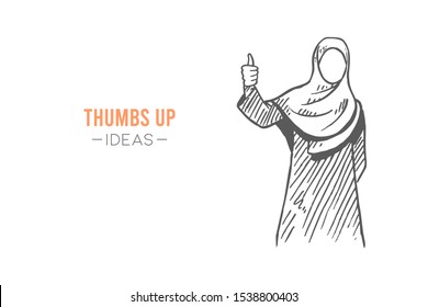 Saudi Arabian muslim woman in hijab giving thumbs up gesture. Business best performance, success sketch concept vector illustration. Hand drawn isolated design. Suitable for business poster template