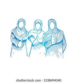 Saudi Arabian muslim women giving thumbs up gesture. Business best performance, success hand drawn concept vector illustration. Sketch isolated design. Suitable for business presentation template