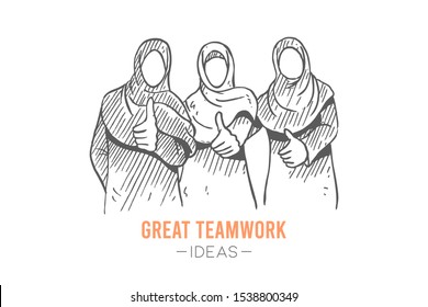 Saudi Arabian muslim women giving thumbs up gesture. Business best performance, success hand drawn concept vector illustration. Sketch isolated design. Suitable for business presentation template