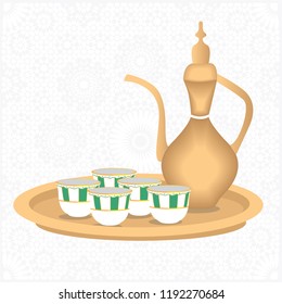 Saudi Arabian, Oriental Coffee Tea Pot on Golden Tray - Vector Illustration Isolated