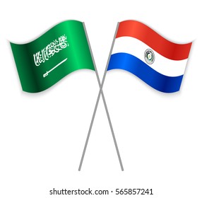 Saudi Arabian and Paraguayan crossed flags. Saudi Arabia combined with Paraguay isolated on white. Language learning, international business or travel concept.