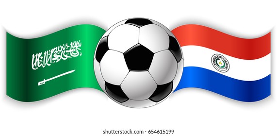 Saudi Arabian and Paraguayan wavy flags with football ball. Saudi Arabia combined with Paraguay isolated on white. Football match or international sport competition concept.
