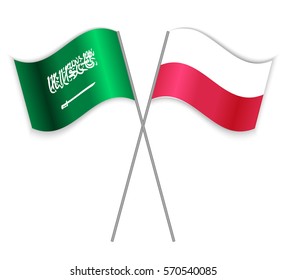 Saudi Arabian and Polish crossed flags. Saudi Arabia combined with Poland isolated on white. Language learning, international business or travel concept.