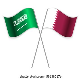 Saudi Arabian and Qatari crossed flags. Saudi Arabia combined with Qatar isolated on white. Language learning, international business or travel concept.