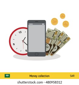 Saudi Arabian Riyal banknote. Time is money concept vector illustration.