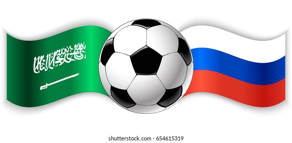 Saudi Arabian and Russian wavy flags with football ball. Saudi Arabia combined with Russia isolated on white. Football match or international sport competition concept.