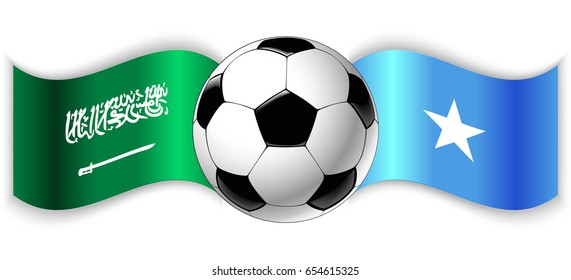 Saudi Arabian and Somali wavy flags with football ball. Saudi Arabia combined with Somalia isolated on white. Football match or international sport competition concept.