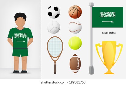 Saudi Arabian sportsman with sport equipment collection vector illustration