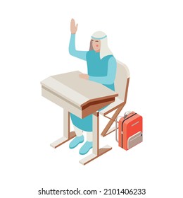Saudi arabian student raising hand sitting at desk in classroom with backpack isometric icon vector illustration