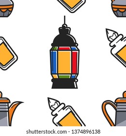 Saudi-arabische Symbole nahtlose Muster Laterne Parfüms und Teekopfvektor-Lampe Duft in Glasflasche Duty-free-Waren Organic Drink Tee in Wasserkocher endlose Textur Reisen und Tourismus Tapete-Druck