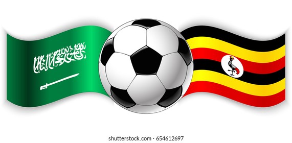 Saudi Arabian and Ugandan wavy flags with football ball. Saudi Arabia combined with Uganda isolated on white. Football match or international sport competition concept.