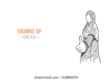 Saudi Arabian woman in hijab giving thumbs up gesture. Business best performance, success hand drawn concept vector illustration. Sketch isolated design. Suitable for business presentation template